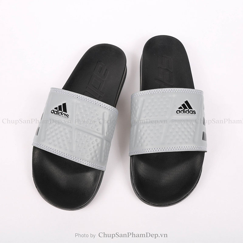 Dép Bản Plus Quai Ngang Xám Adidas Sọc Đen Cá Tính